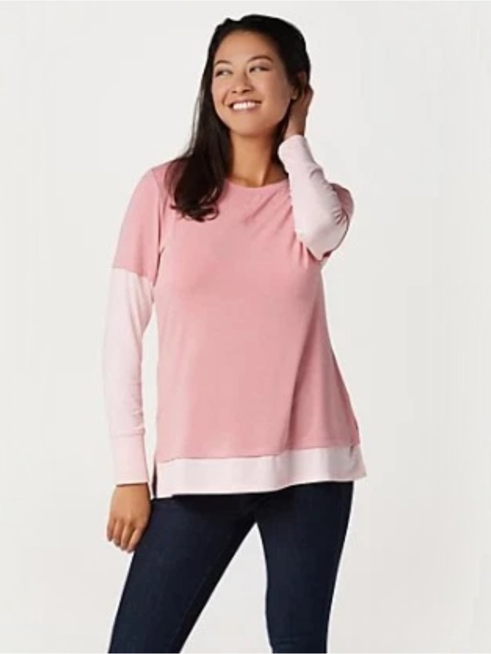 Isaac Mizrahi Live XL Pink Colorblock Faux Layered Long Sleeve Knit Top Soft